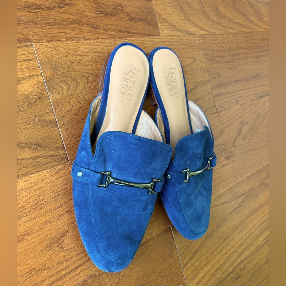 Franco Sarto Leather Suede Horsebit Mules Blue Sz 8 - Picture 4 of 5